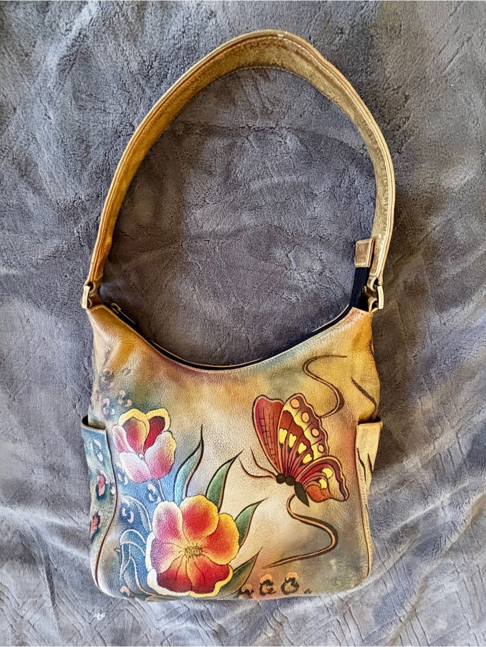 Anuschka Hand Painted Leather Hobo Bag Floral